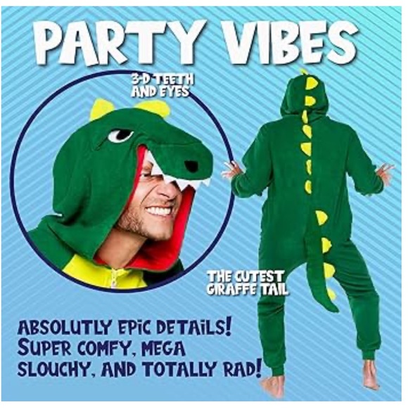 Funziez! Slim Fit Adult Onesie - Animal Halloween Costume Dinosaur Size Small - Picture 3 of 7